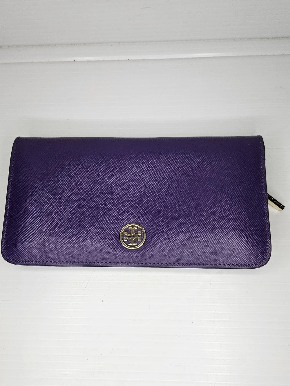 Tory Burch Robinson Zip Around Continental Wallet Large Purple Saffiano Leather